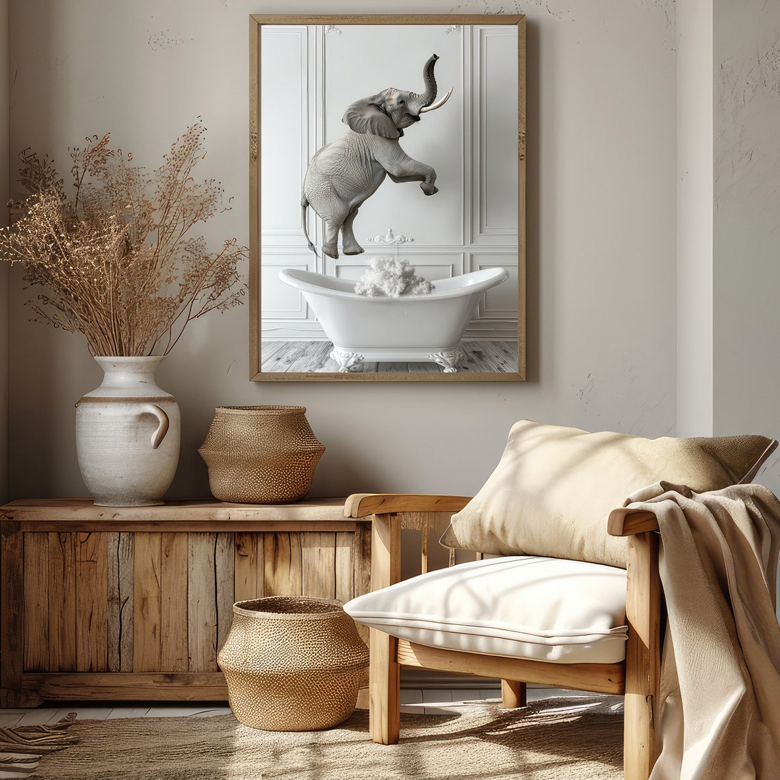 Baby Elephant Jumping Into Bathtub Playful Nursery Animal Poster - Image 2