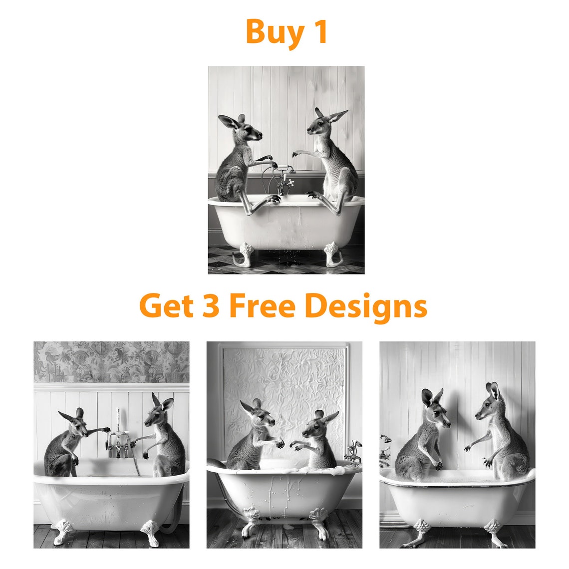 Two Kangaroos Sitting On Bathtub Black And White Funny Poster - Image 6