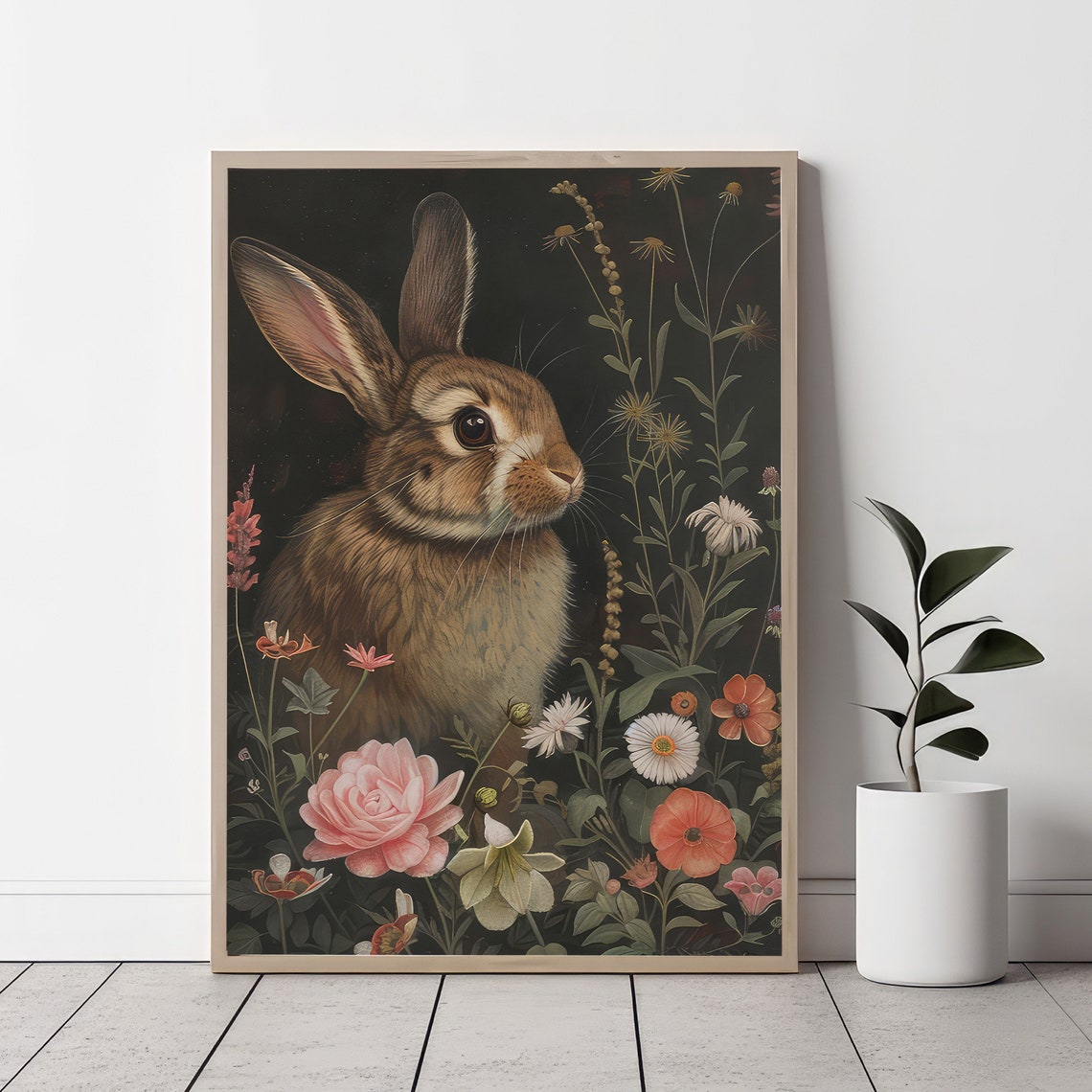 Charming Brown Rabbit Among Wildflowers Dark Botanical Art Poster