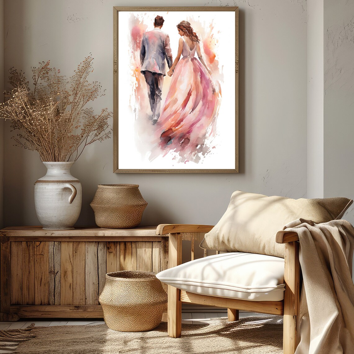 Couple Walking Away Watercolor Painting Romantic Blush Dress Wall Art - Image 3