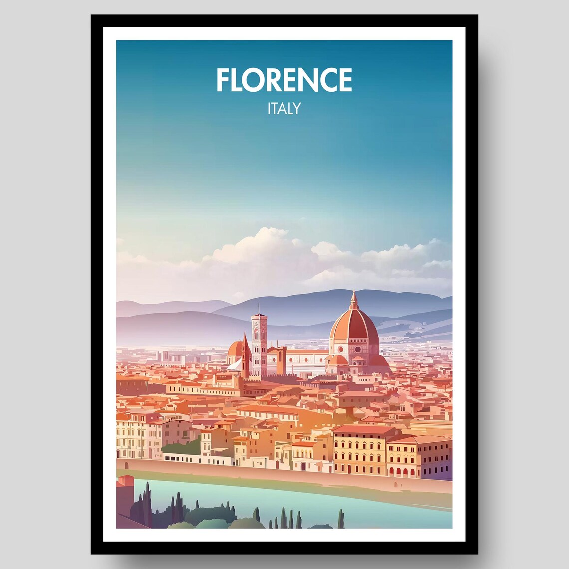 Florence Italy City Duomo Sunset Skyline Retro Travel Art Poster