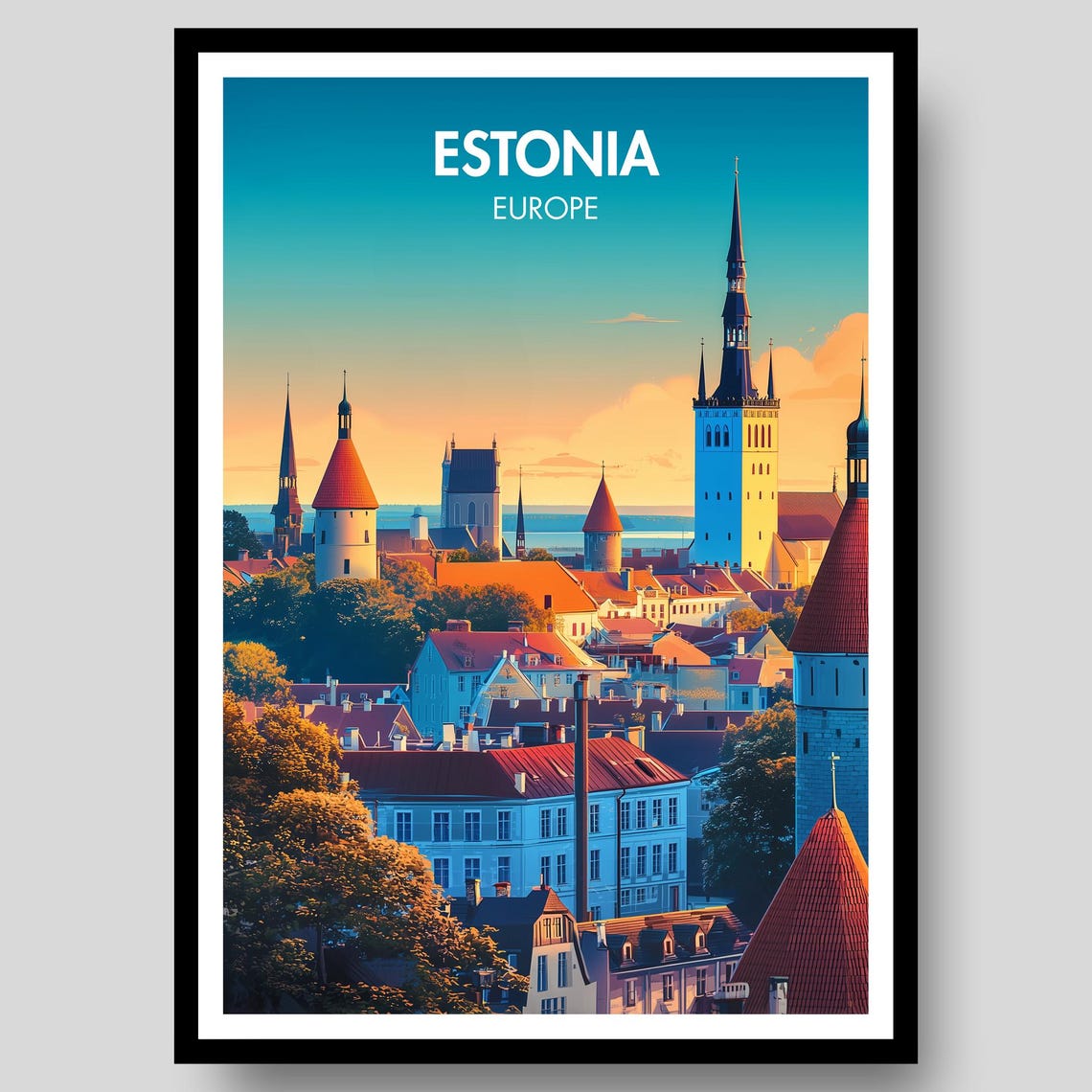 Estonia Tallinn Old Town Skyline at Sunset Vintage Travel Poster