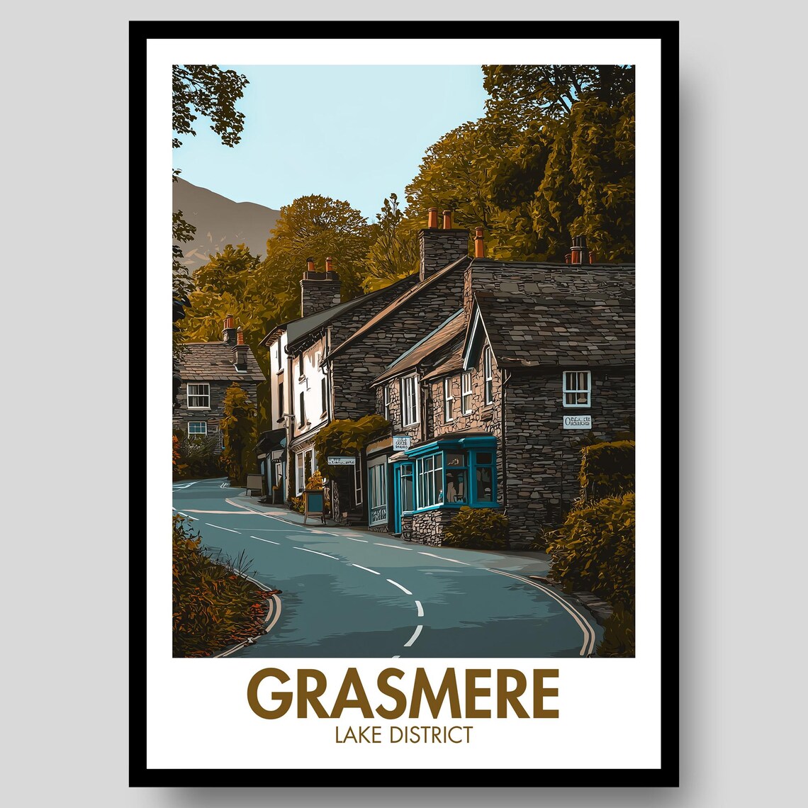 Grasmere Lake District Village Stone Cottages Retro Travel Poster