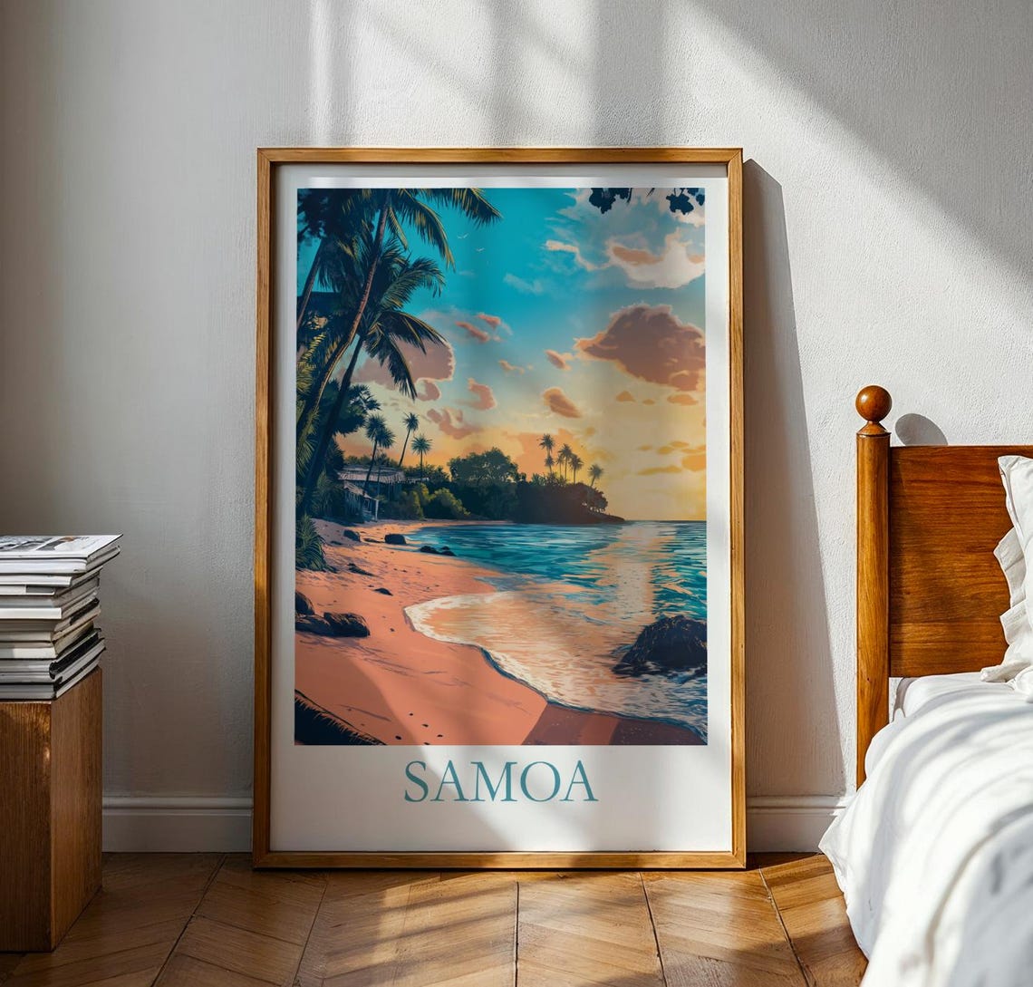 Samoa Tropical Beach Sunset Palm Trees Ocean View Travel Poster
