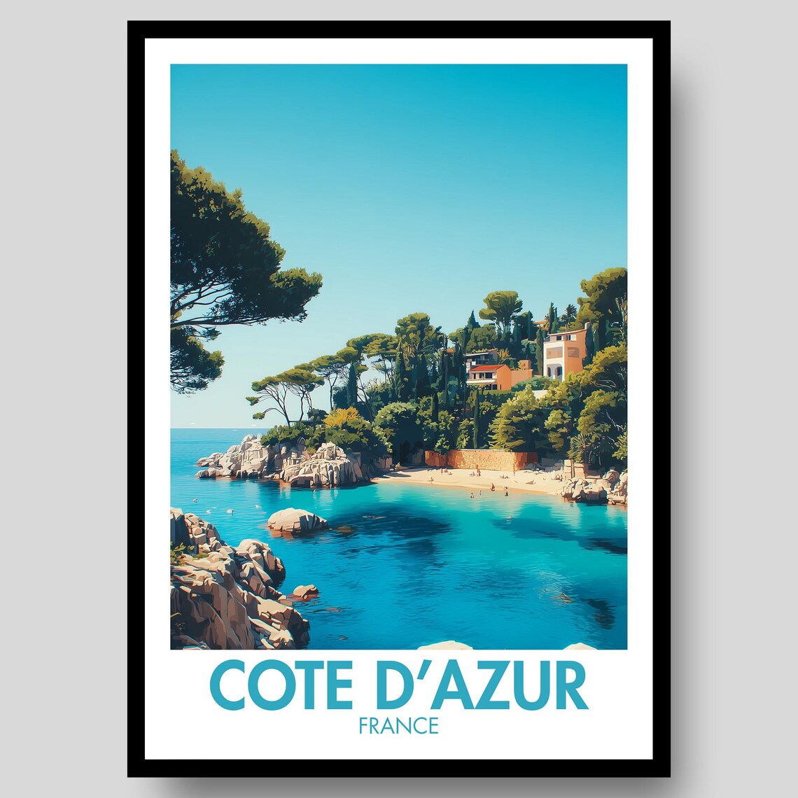 Cote D'Azur France Turquoise Cove Beach Villa Vintage Travel Poster