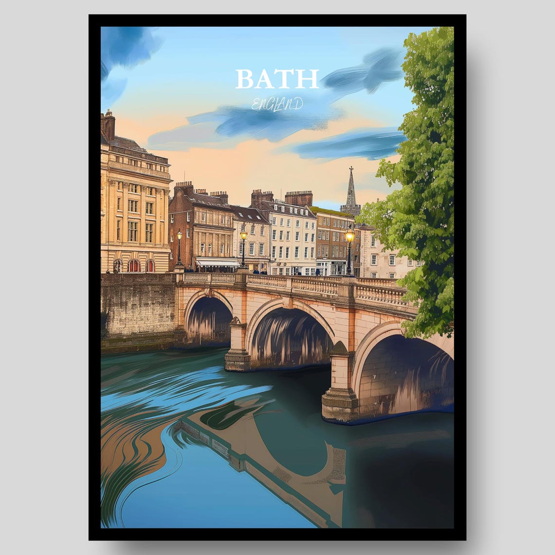 Bath England Pulteney Bridge River Avon Sunset Stone Travel Poster