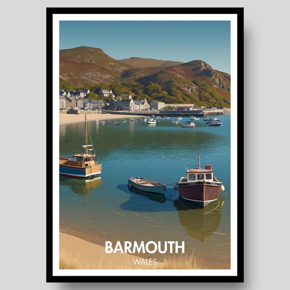 Barmouth Wales Seaside Harbor Boats Hillside Village Travel Poster