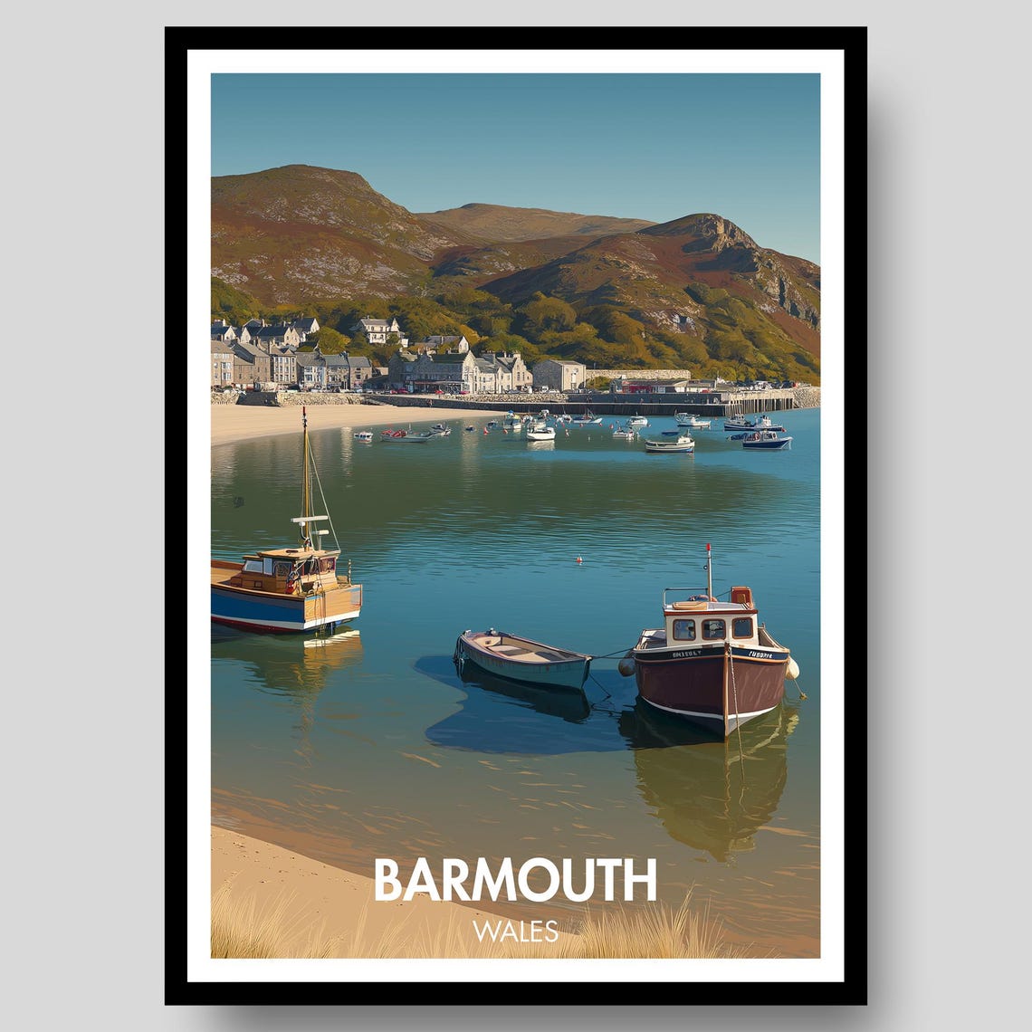 Barmouth Wales Seaside Harbor Boats Hillside Village Travel Poster