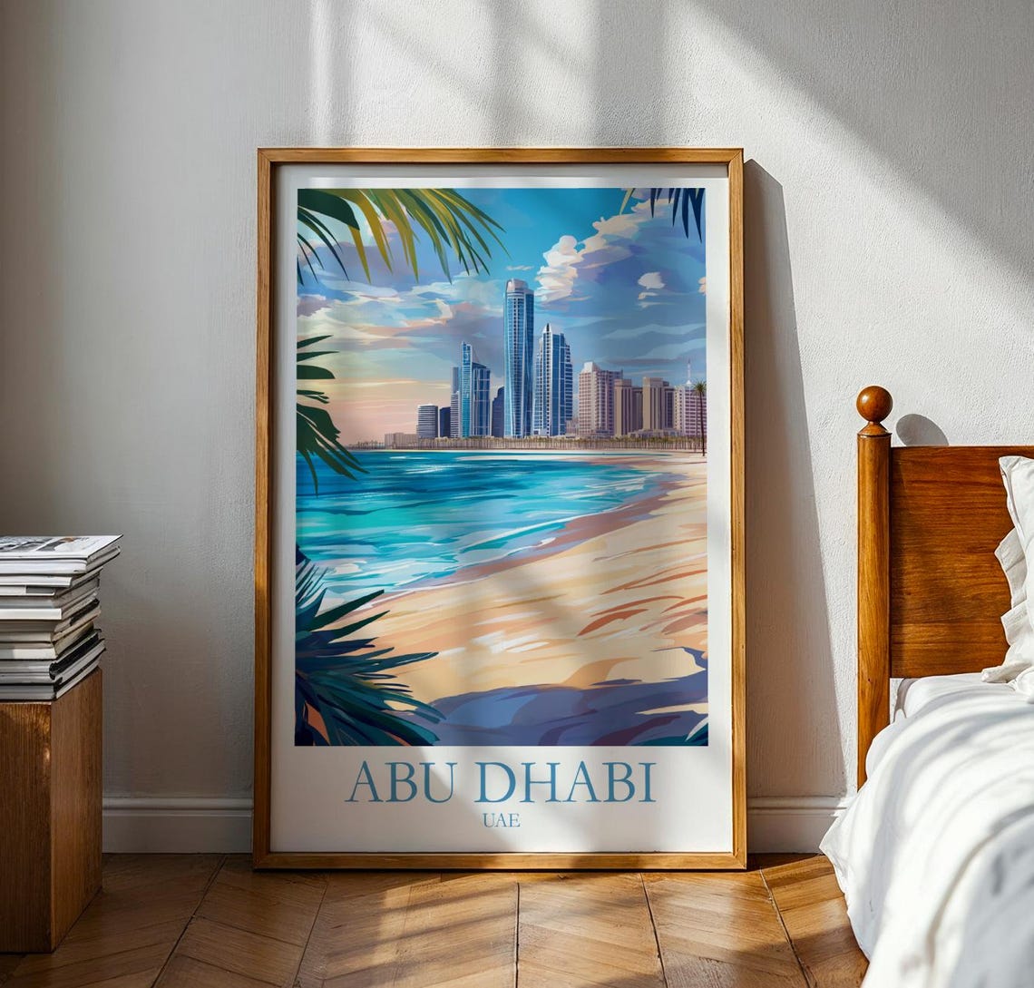 Abu Dhabi UAE Beach Skyline Palm Coast Waterfront Sunset Travel Poster