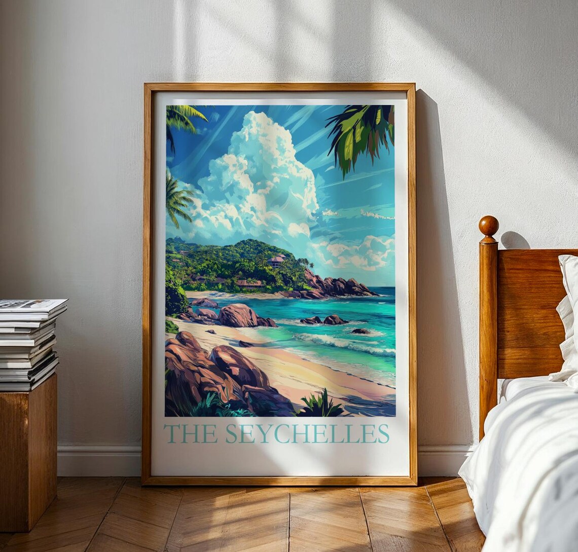 The Seychelles Island Tropical Beach Palm Paradise Travel Poster