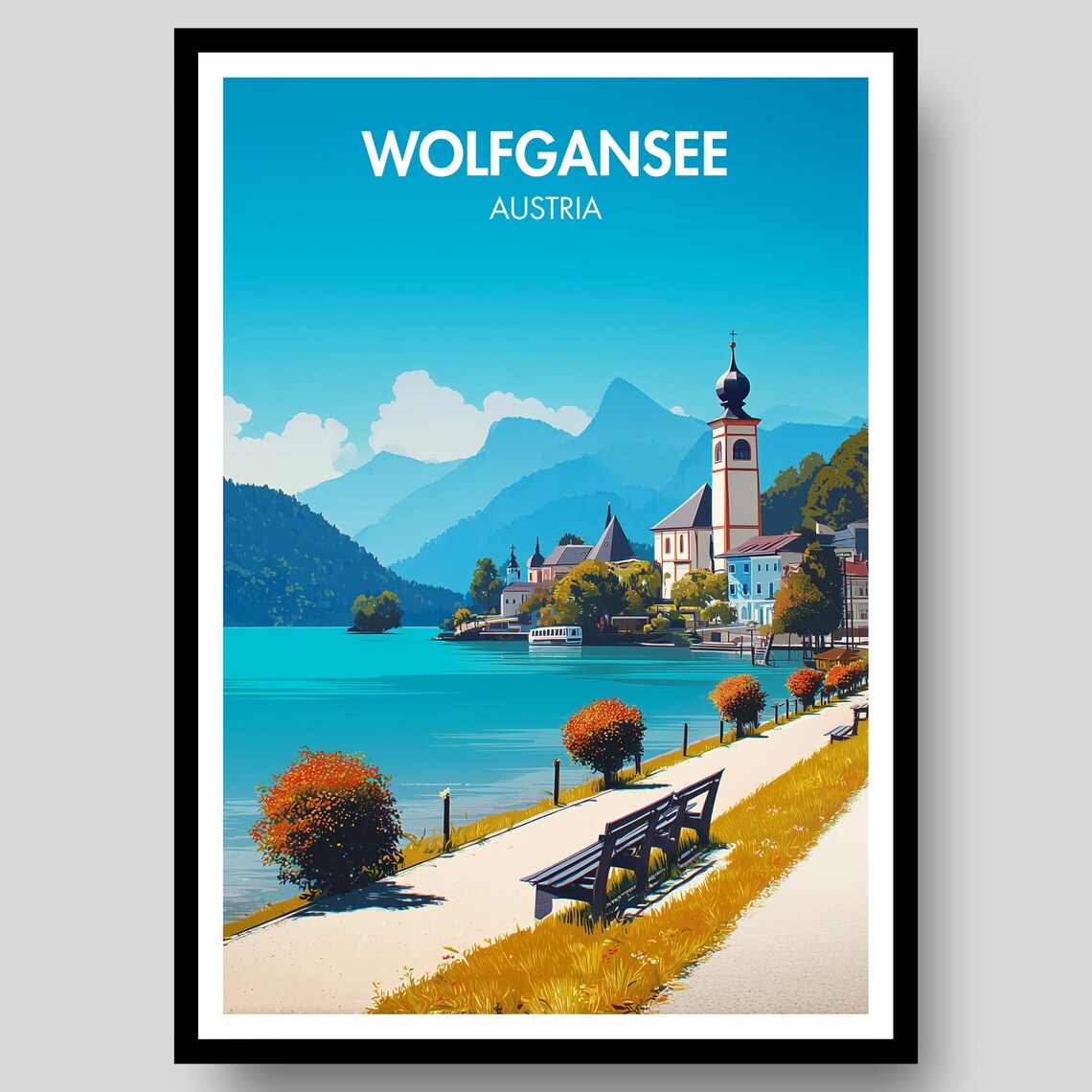 Wolfgangsee Austria Lakeside Church Village Promenade Travel Poster