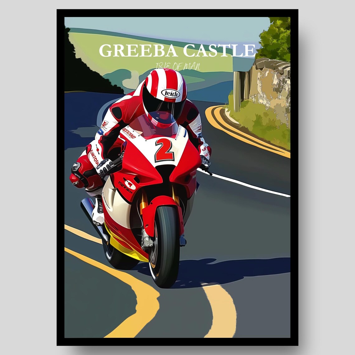 Greeba Castle Isle of Man TT Road Race Motorbike Rider Action Poster