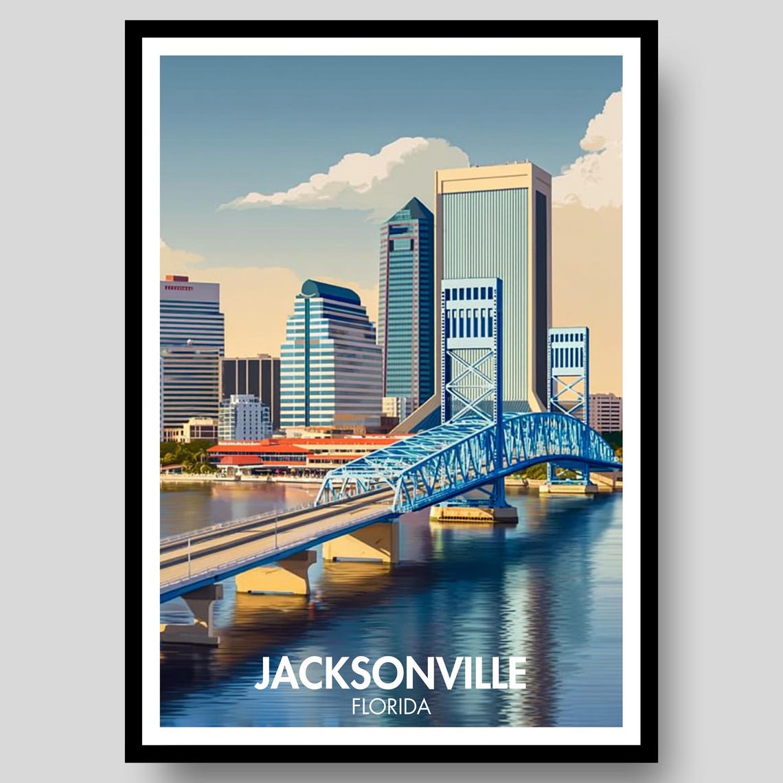 Jacksonville Florida Skyline Bridge Over Blue River Poster Art