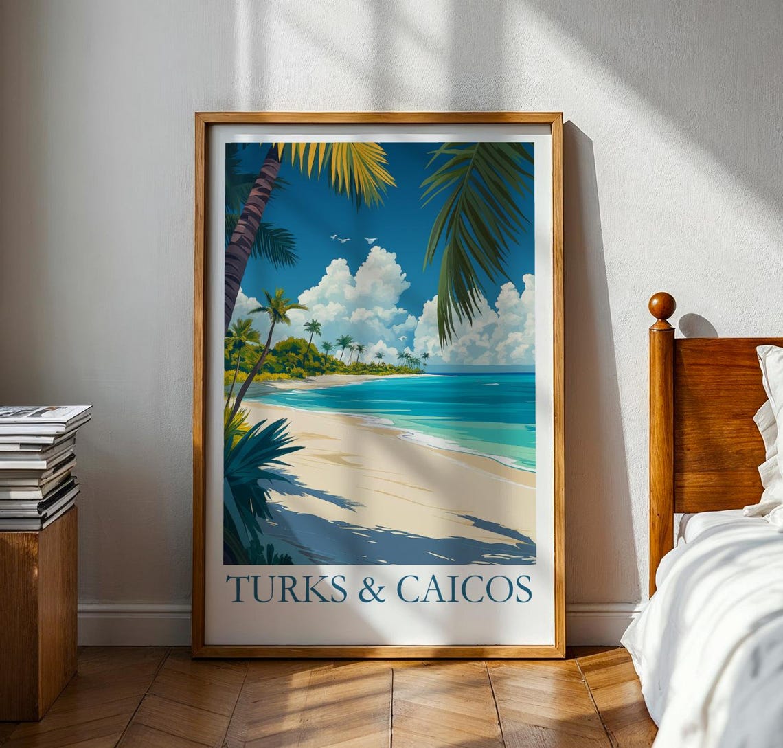 Turks and Caicos Tropical Palm Beach Caribbean Travel Poster