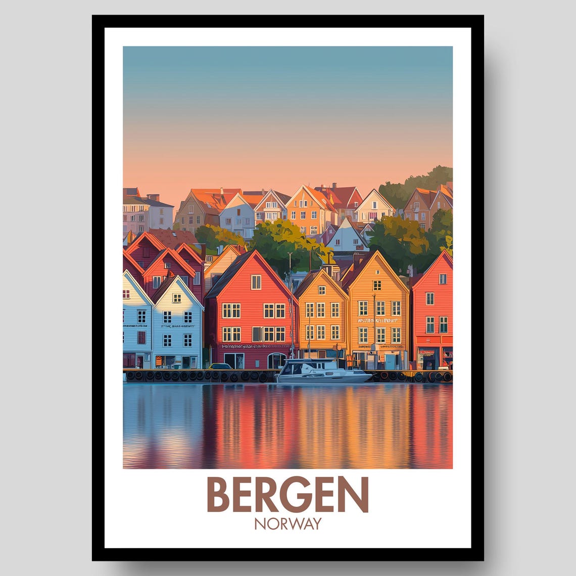 Bergen Norway Historic Waterfront Harbor Reflection Sunset Art Poster
