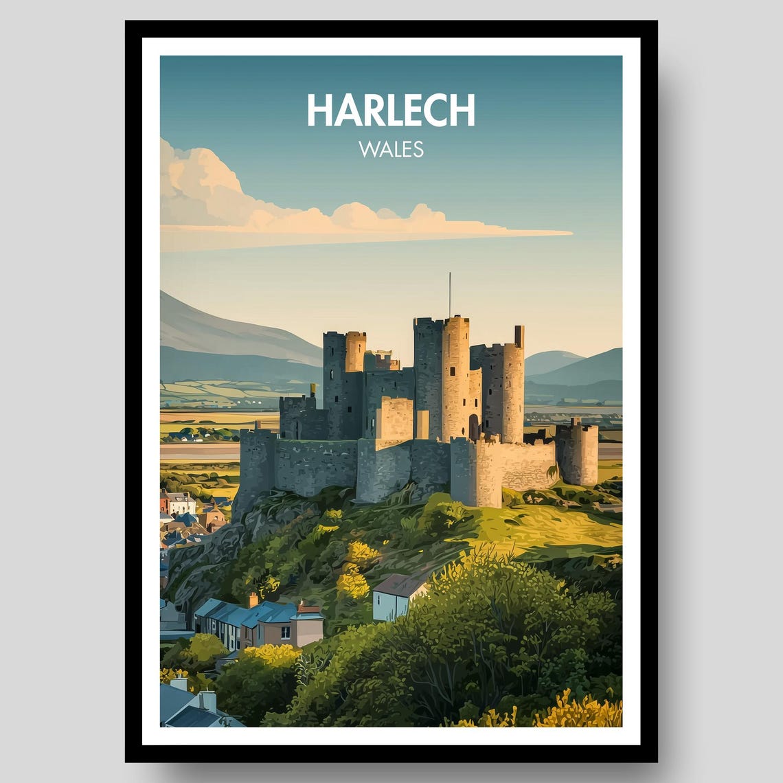 Harlech Wales Castle Vintage Travel Medieval Landmark Art Poster