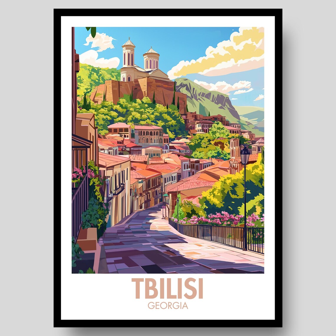 Tbilisi Georgia Old Town Street Vintage Sunset View Travel Poster