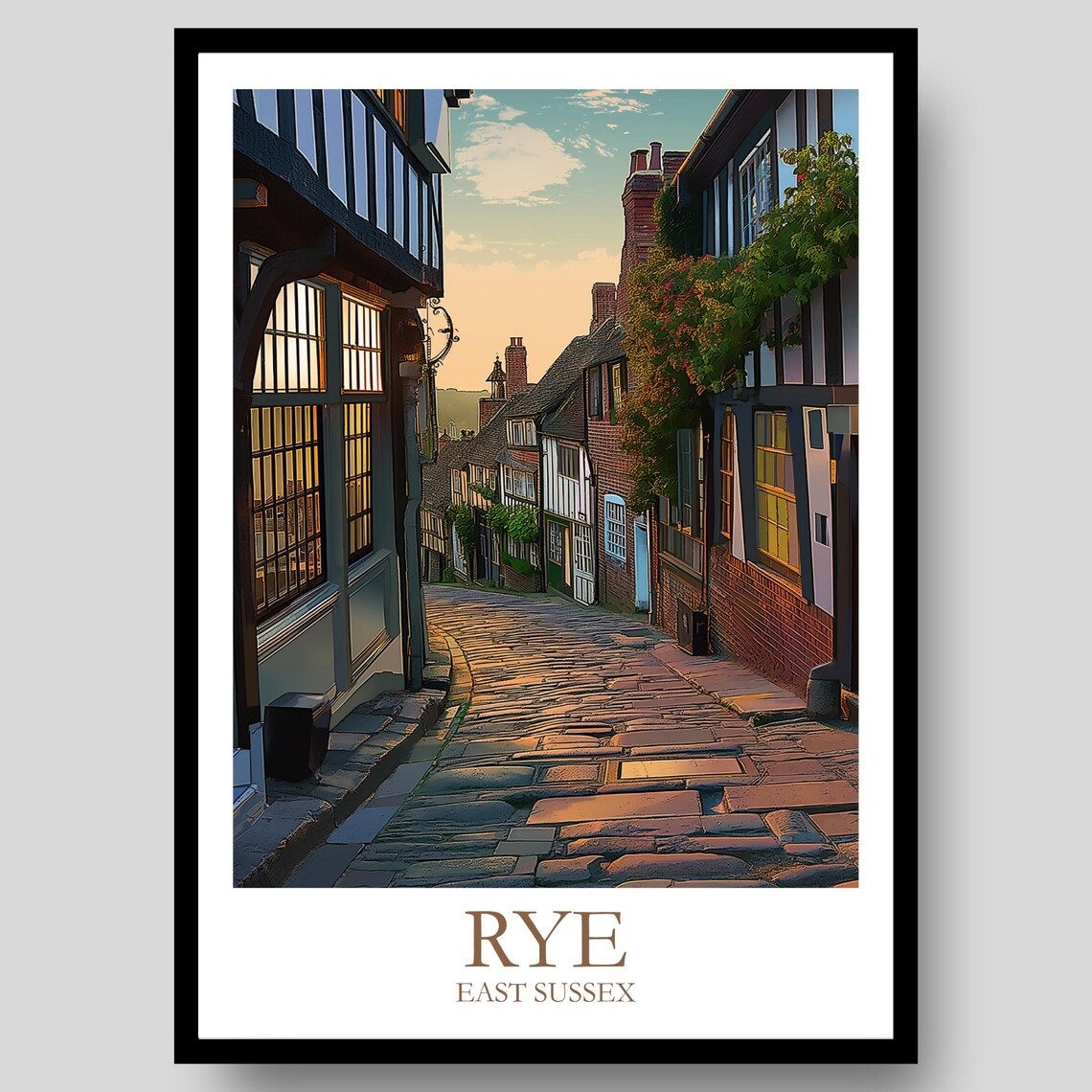 Rye East Sussex Cobbled Lane Historic Tudor Houses Travel Poster