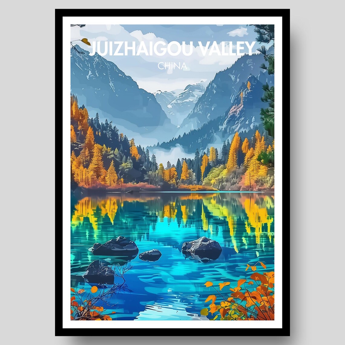 Juizhaigou Valley China Autumn Mountain Lake Vintage Travel Poster