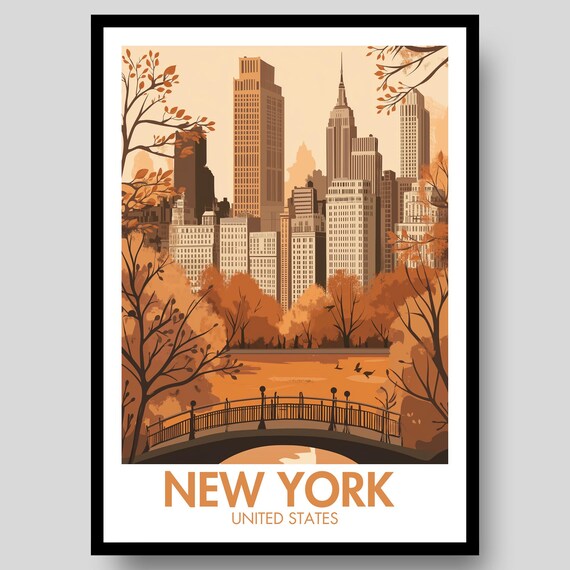 New York United States Central Park Autumn Bridge Travel Poster
