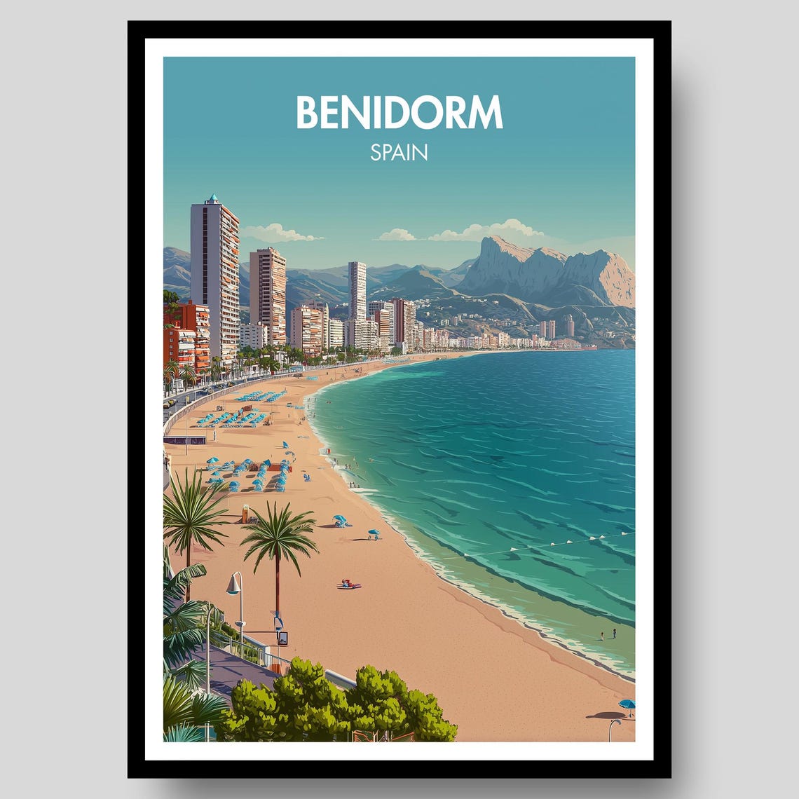 Benidorm Spain Mediterranean Beach Skyline Retro Summer Art Poster