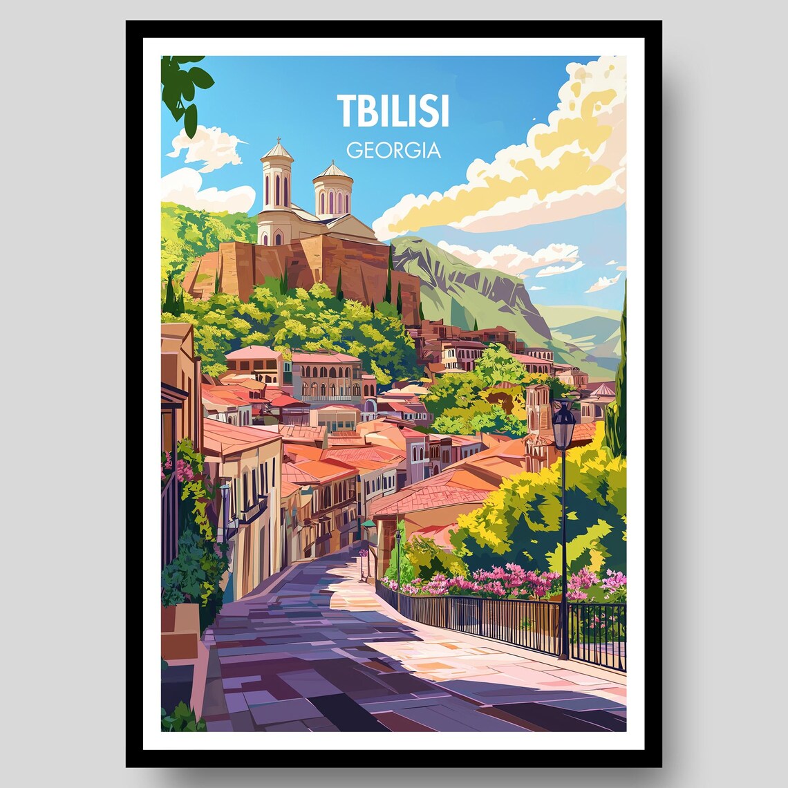 Tbilisi Georgia Old Town Street Fortress Church Vintage Art Poster