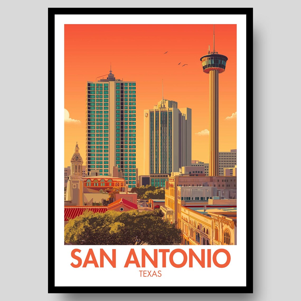 San Antonio Texas Orange Sunset Skyline Tower Travel Artwork Poster