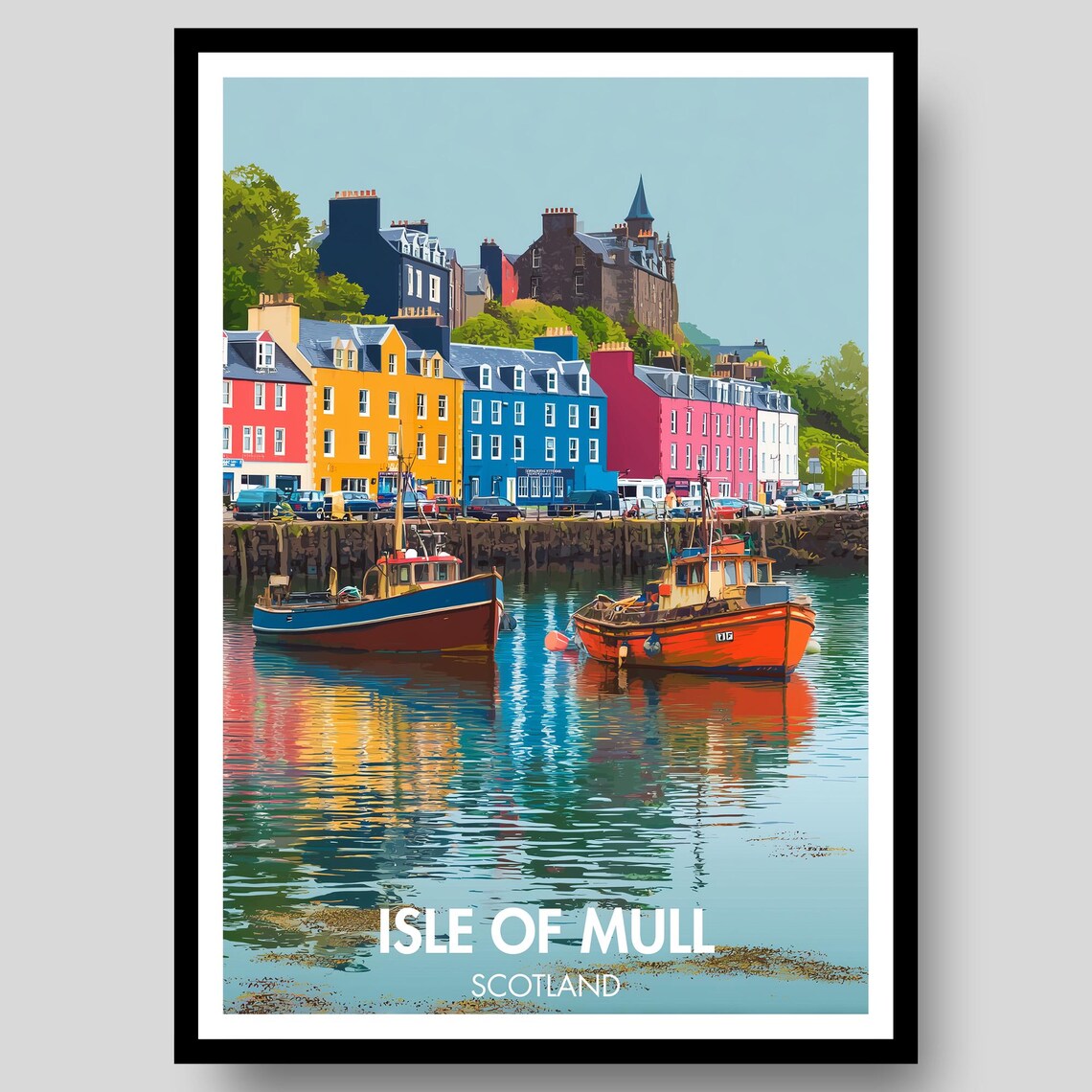 Isle Of Mull Scotland Harbor Reflection Boats Vintage Travel Poster