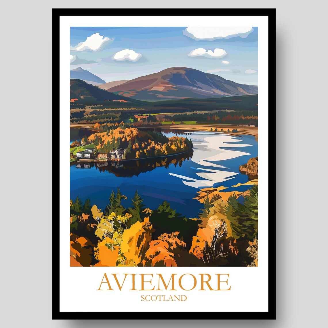 Aviemore Scotland Autumn Loch Mountain Landscape Travel Poster