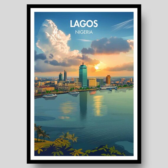 Lagos Nigeria Skyline Sunset Over Waterfront City Travel Poster