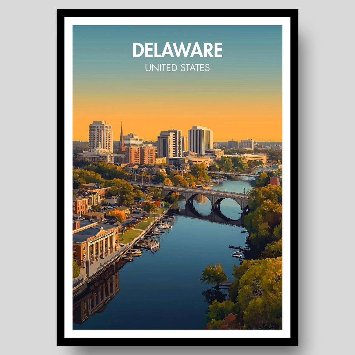 Delaware United States Sunset River Skyline Bridge Scene Poster