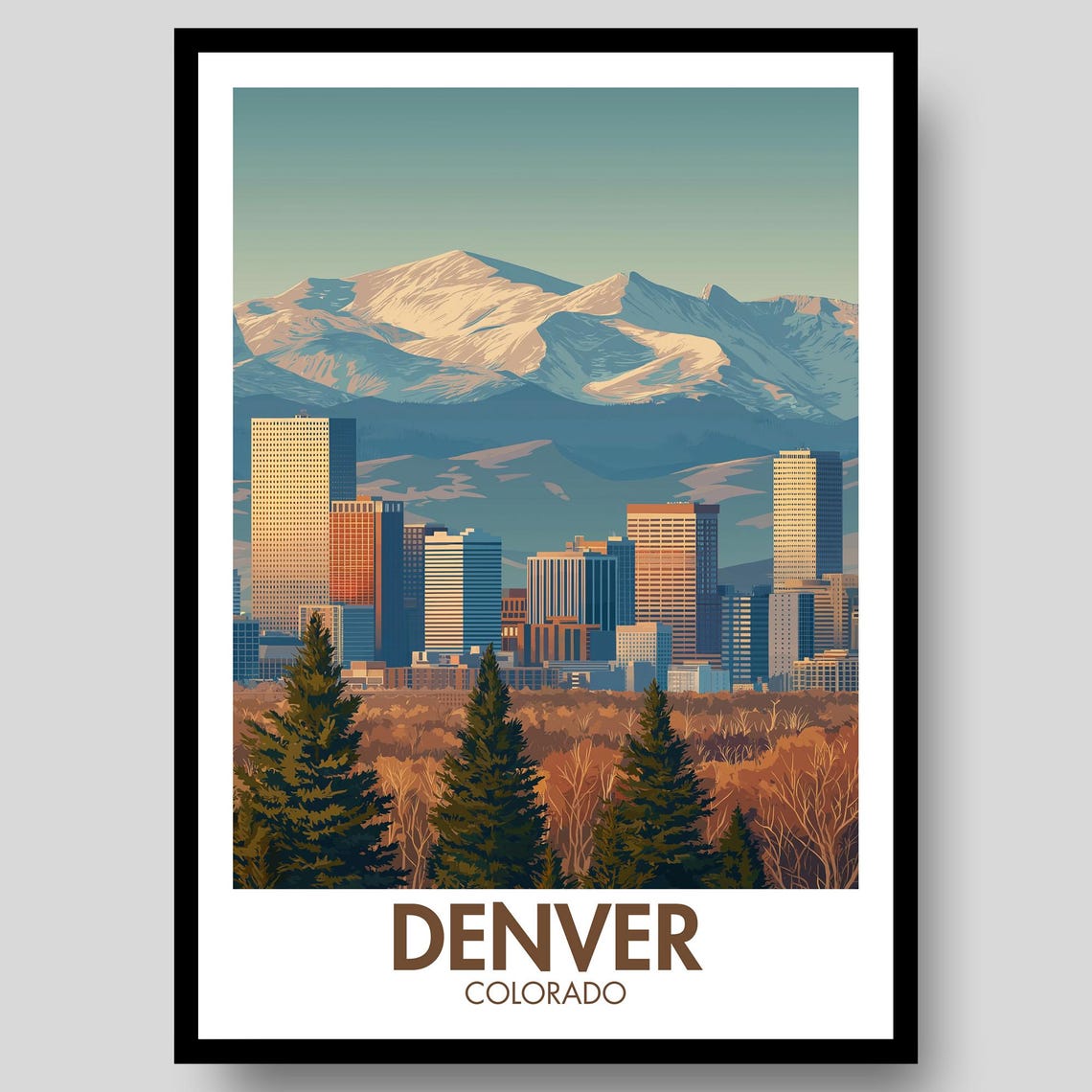 Denver Colorado Rocky Mountain Skyline Sunset Art Travel Poster