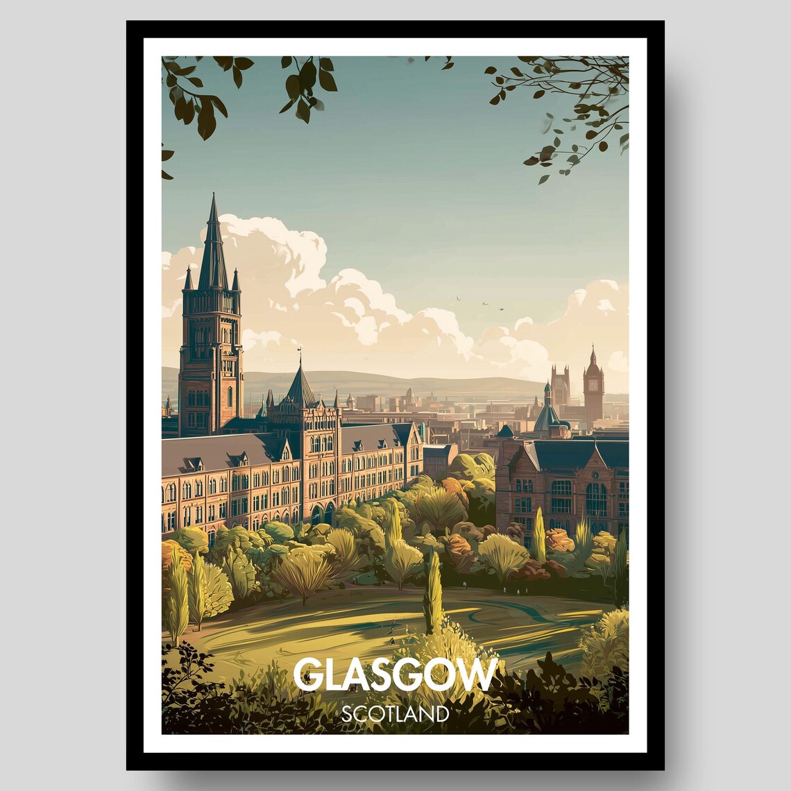 Glasgow Scotland Skyline University Spire Vintage Travel Poster
