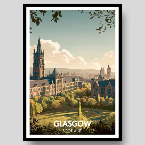Glasgow Scotland Skyline University Spire Vintage Travel Poster