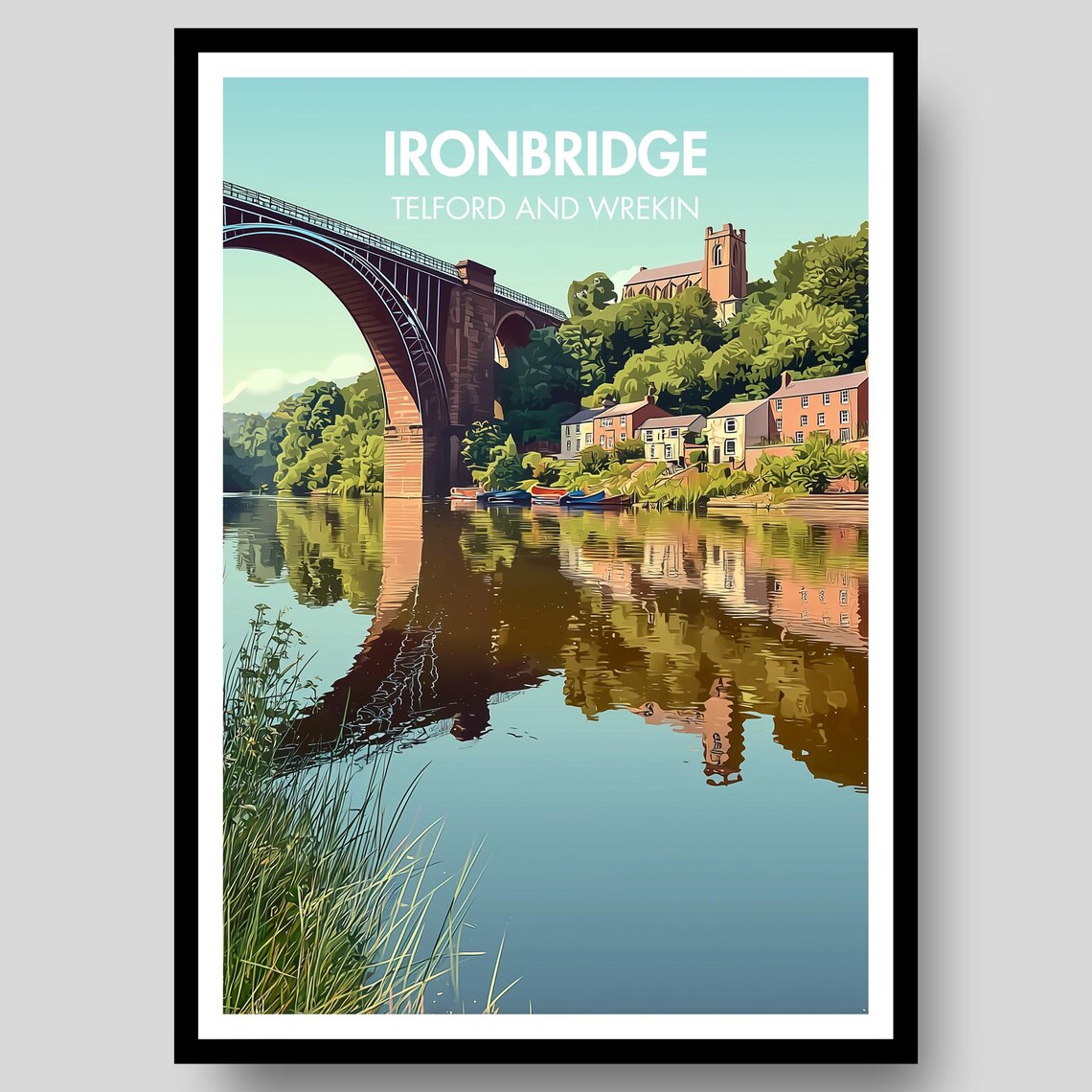 Ironbridge Telford And Wrekin River Reflection Vintage Travel Poster Art