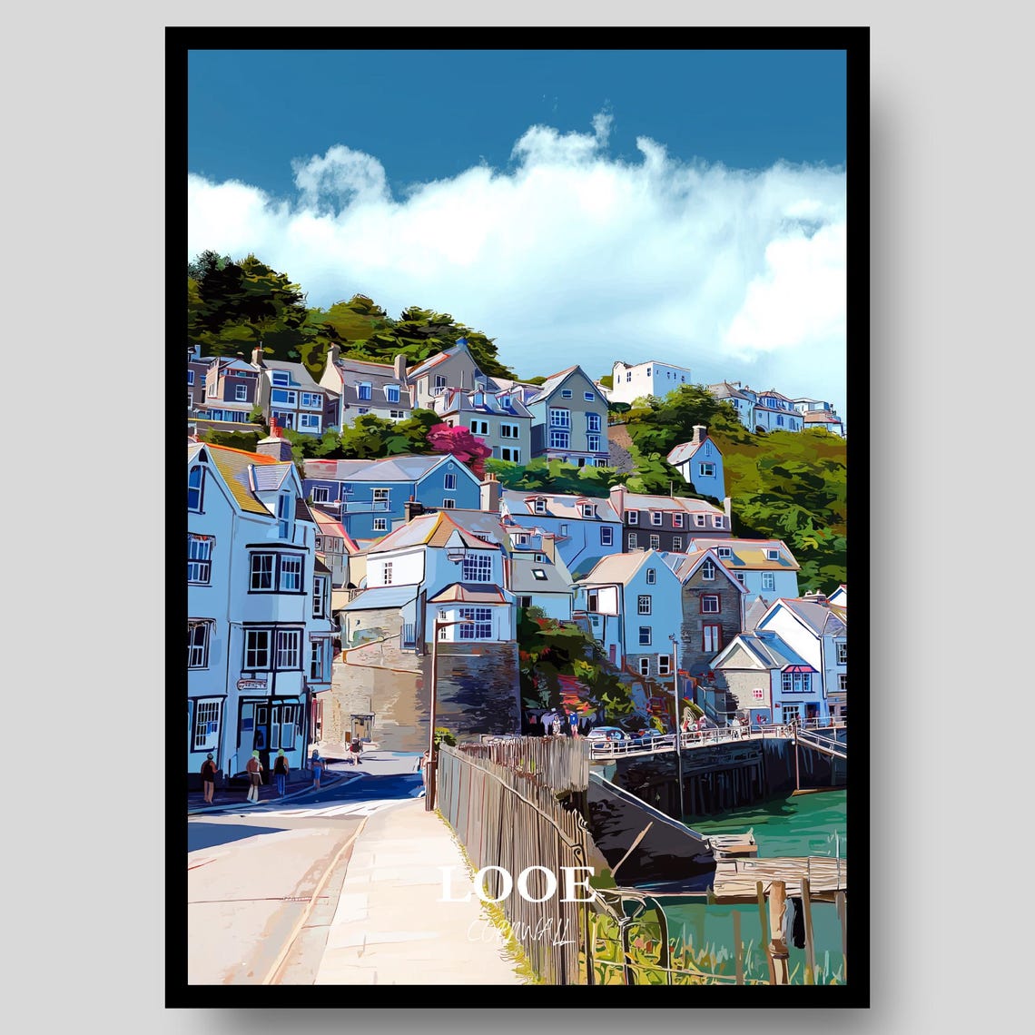 Looe Cornwall Harbour Town Hillside Cottages Seaside Travel Poster