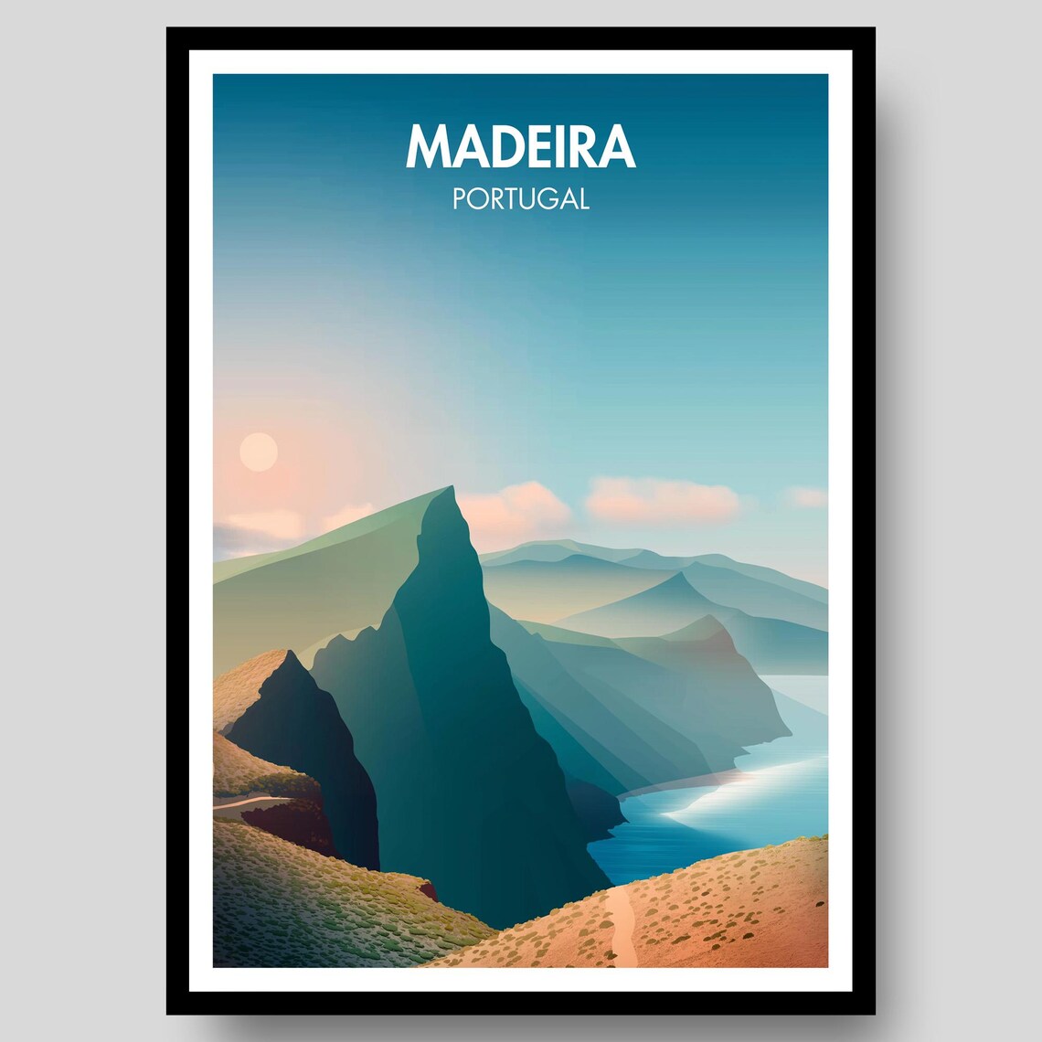 Madeira Portugal Jagged Peaks Ocean Coastline Dawn Sky Travel Poster