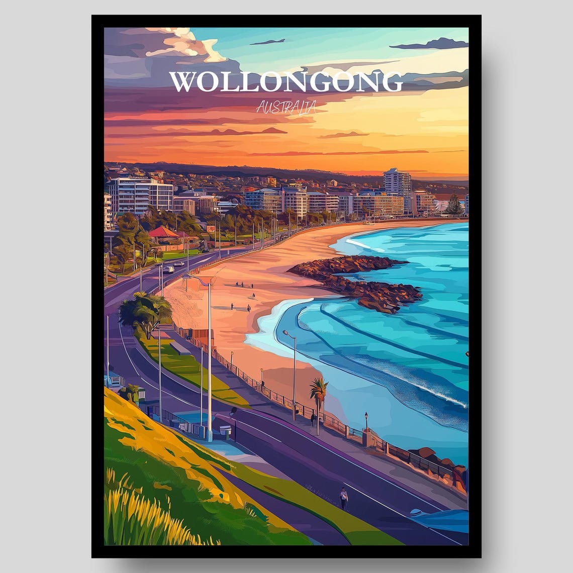 Wollongong Australia Sunset Beach Road City Coastline Travel Poster