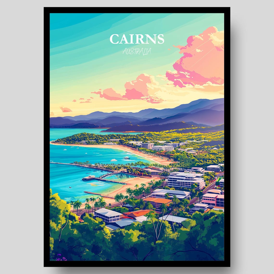 Cairns Australia Tropical Esplanade Beach Bay Sunset Art Poster