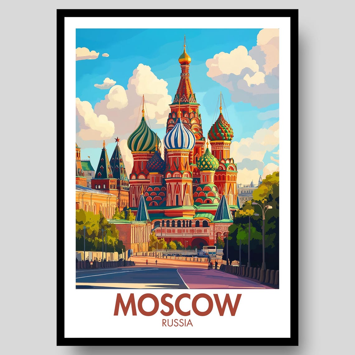 Moscow St Basils Cathedral Red Square Russia Colorful Travel Poster