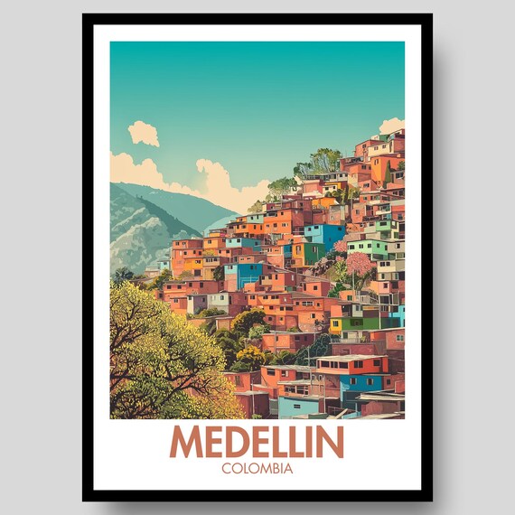 Medellin Colombia Colorful Hillside Neighborhood Travel Poster