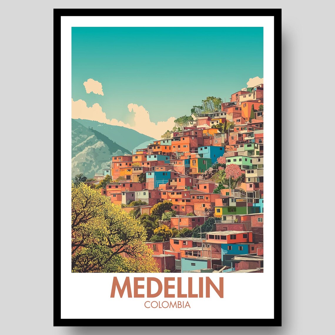 Medellin Colombia Colorful Hillside Neighborhood Travel Poster