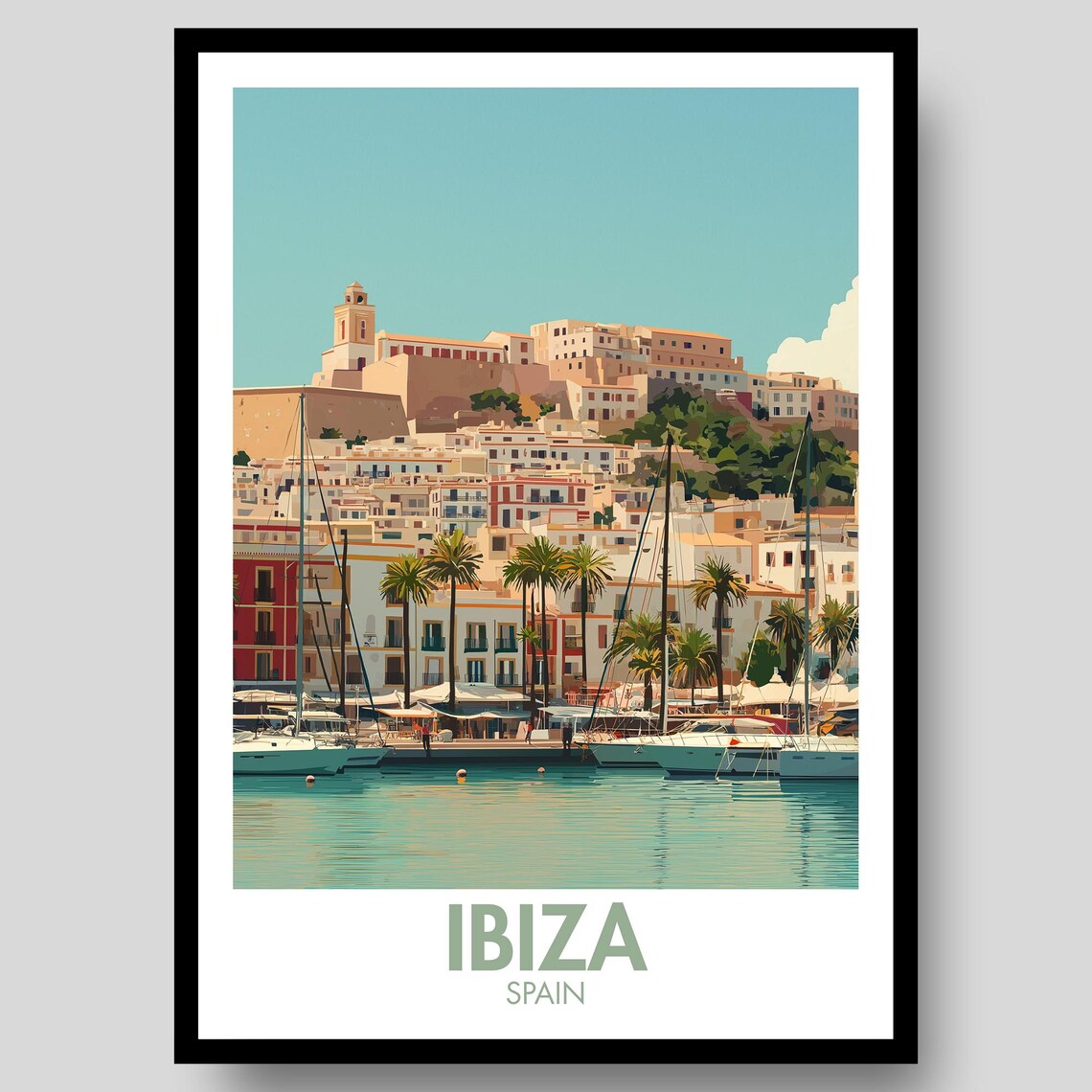 Ibiza Spain Harbor Sailboats Old Town Mediterranean Island Travel Poster