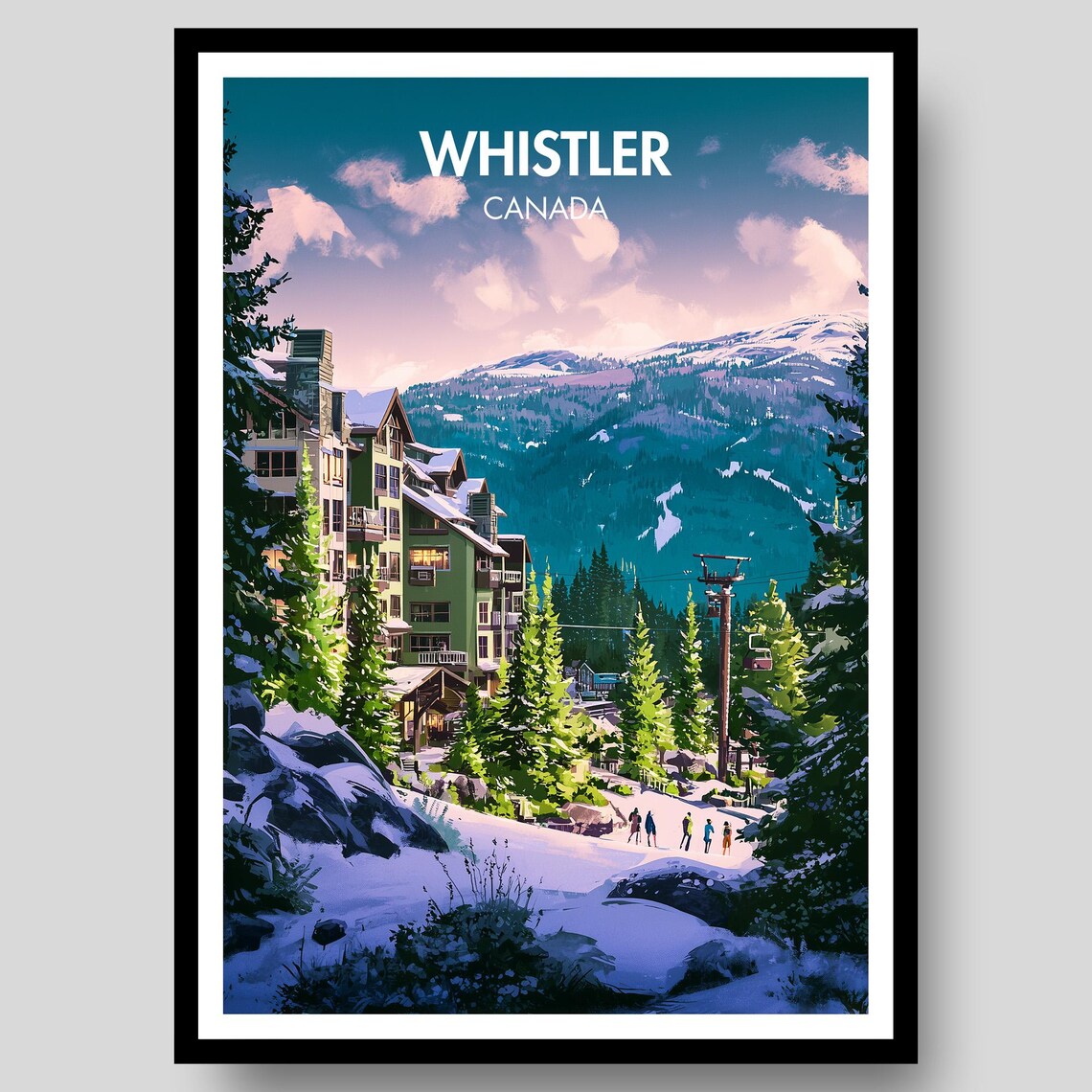 Whistler Canada Snowy Ski Village Chairlift Dusk Travel Poster