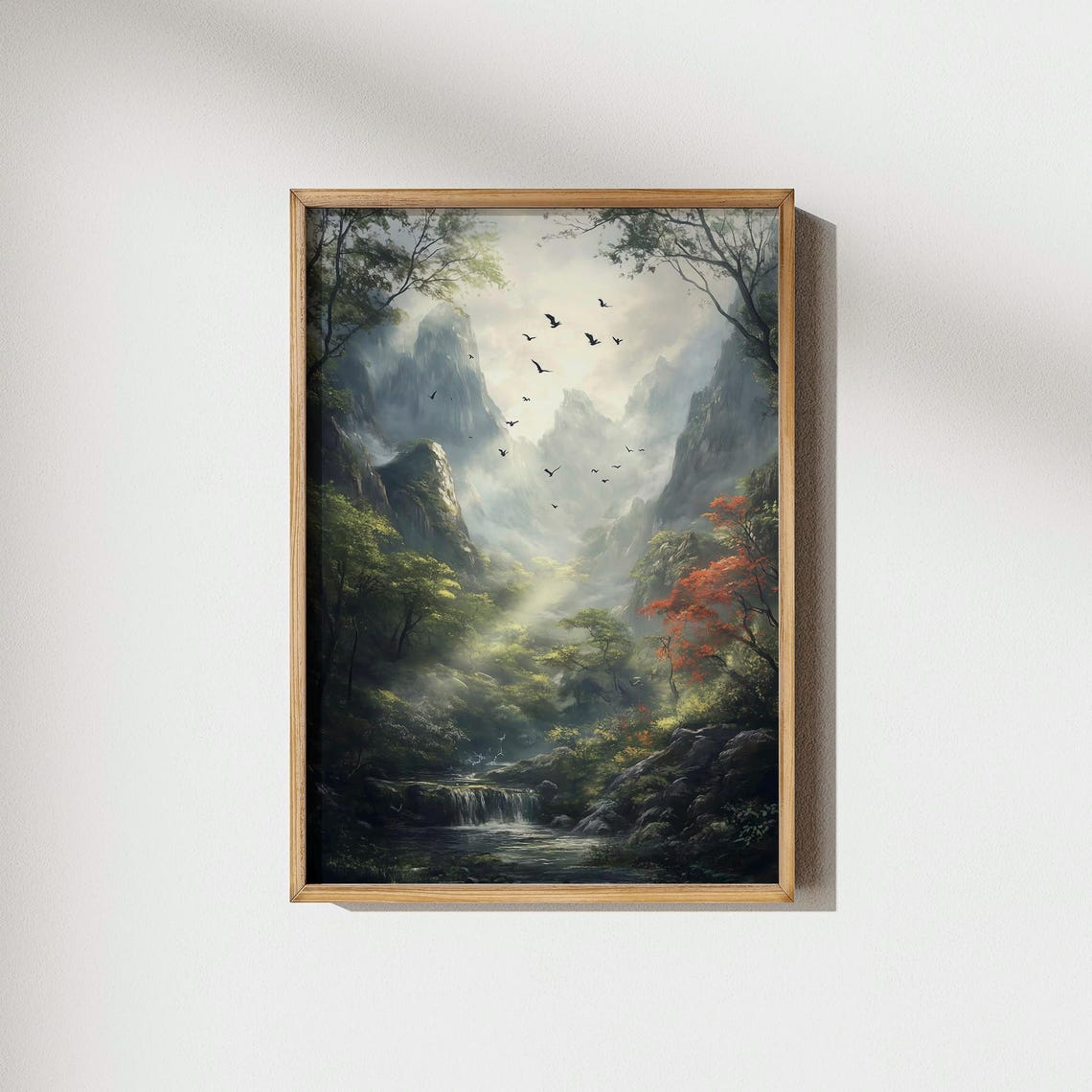 Misty Mountain Valley With Birds Ethereal Forest Landscape Art Poster