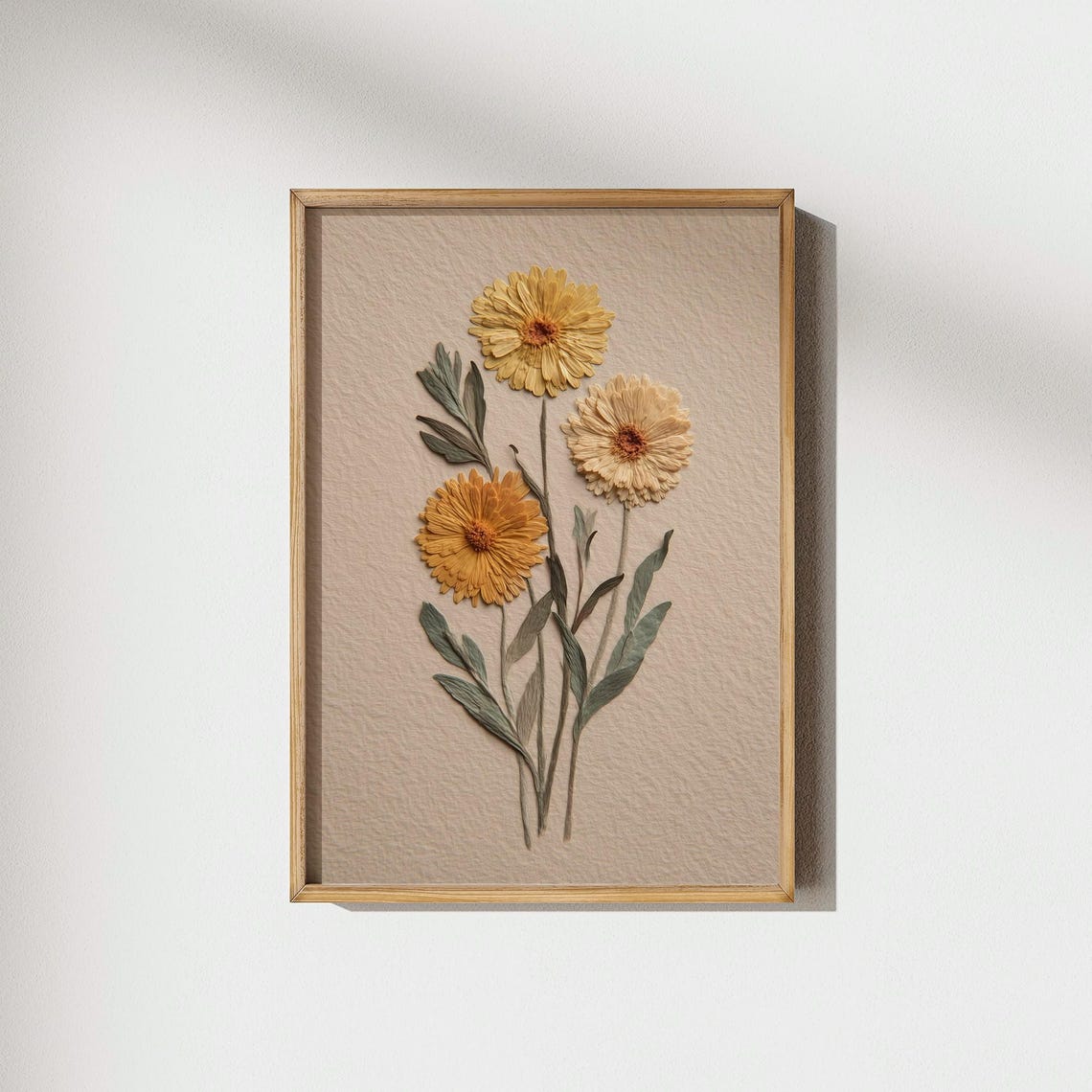 Golden Calendula Botanical Wall Art Yellow Pressed Flower Vintage Floral Warm Neutral Home Decor Prints