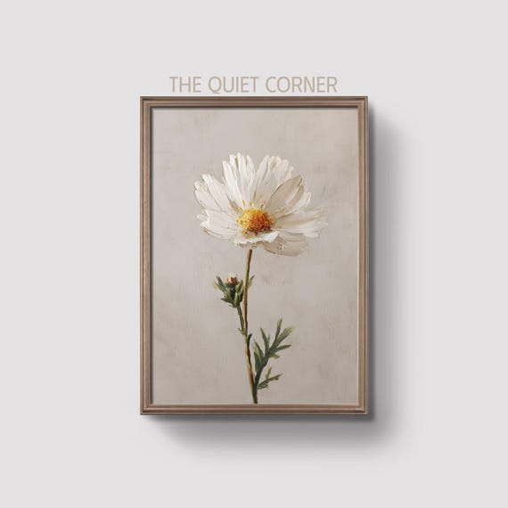 White Cosmos Flower Print Minimalist Botanical Art Simple Floral Wall Decor Neutral Modern Prints