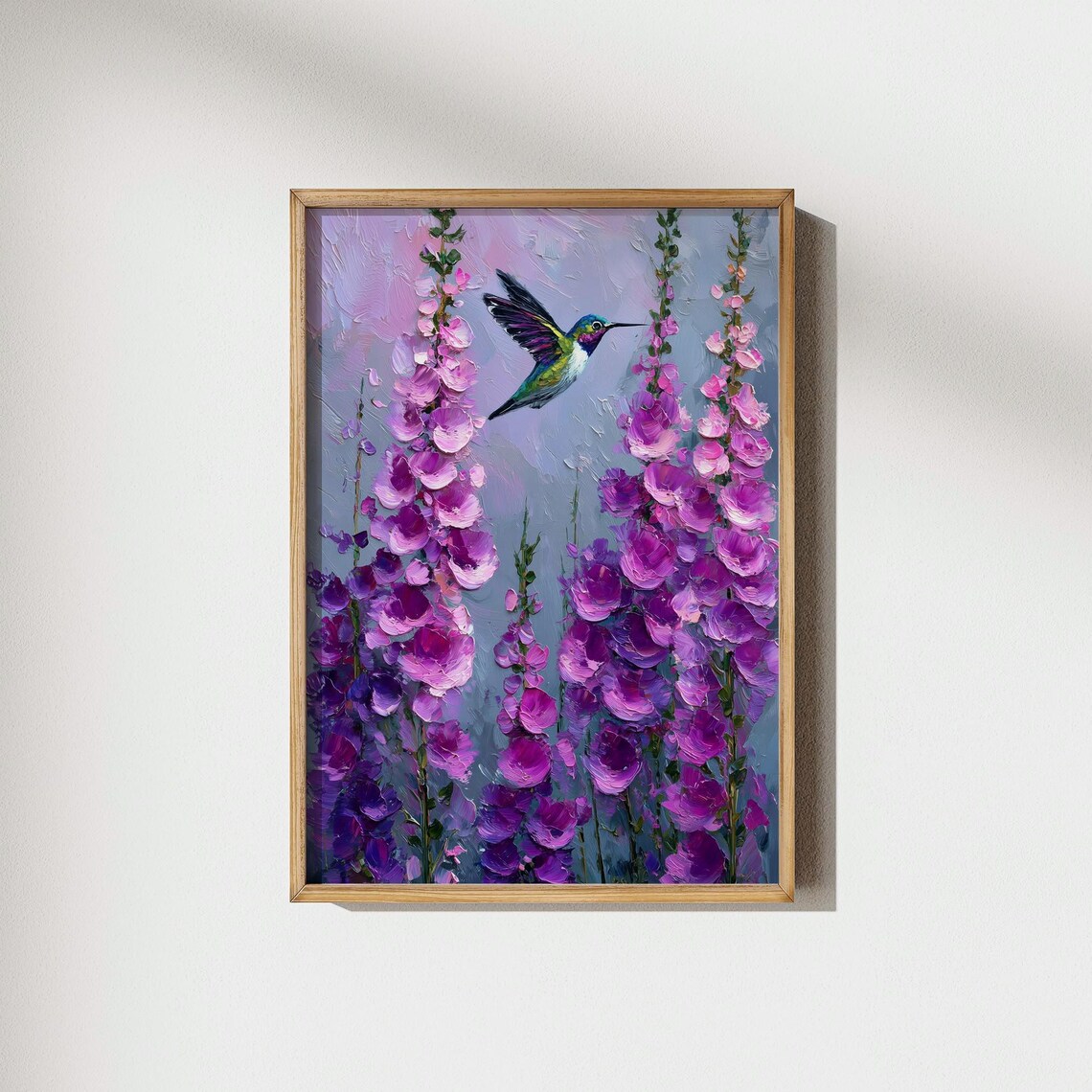 Hummingbird Among Purple Foxglove Flowers Botanical Art Print
