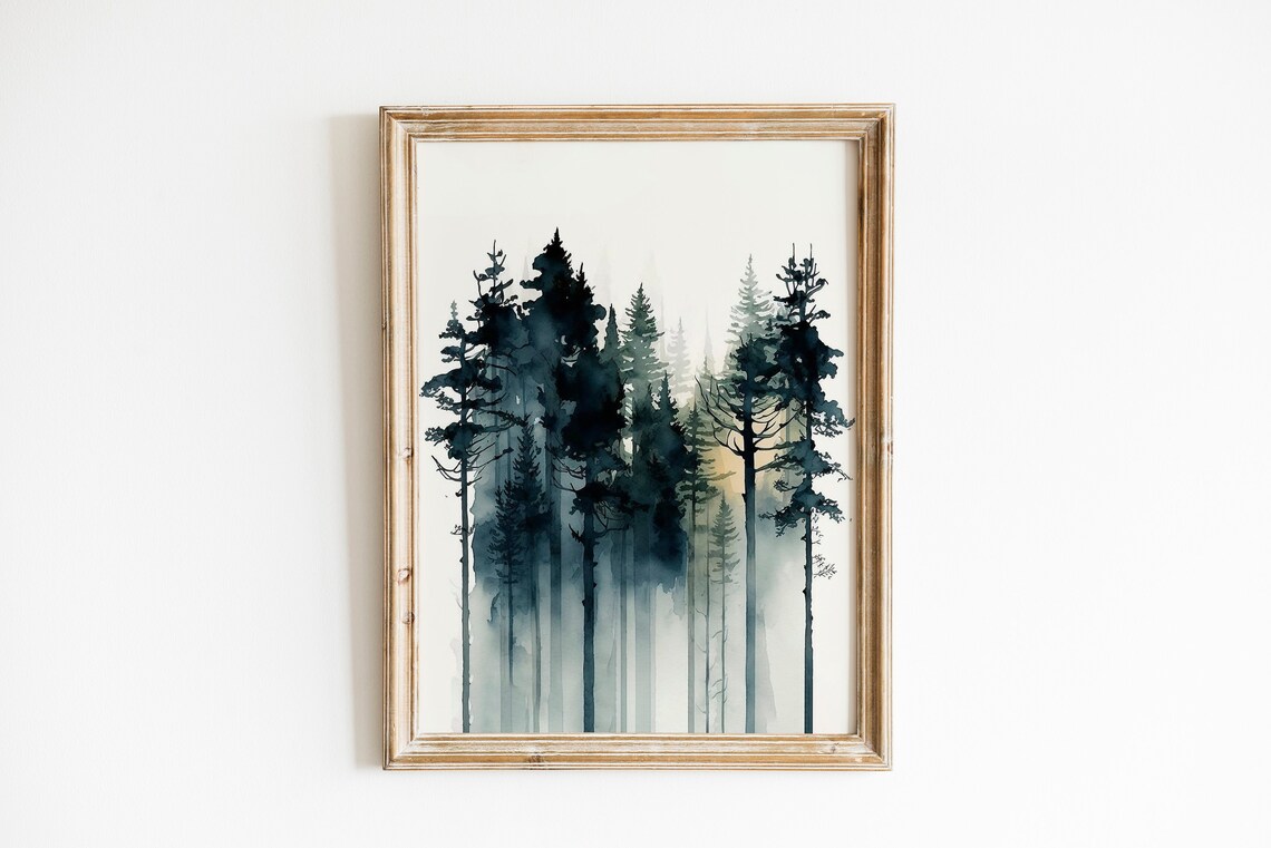 Moody Dark Pine Forest Watercolor Tree Silhouettes Art Poster