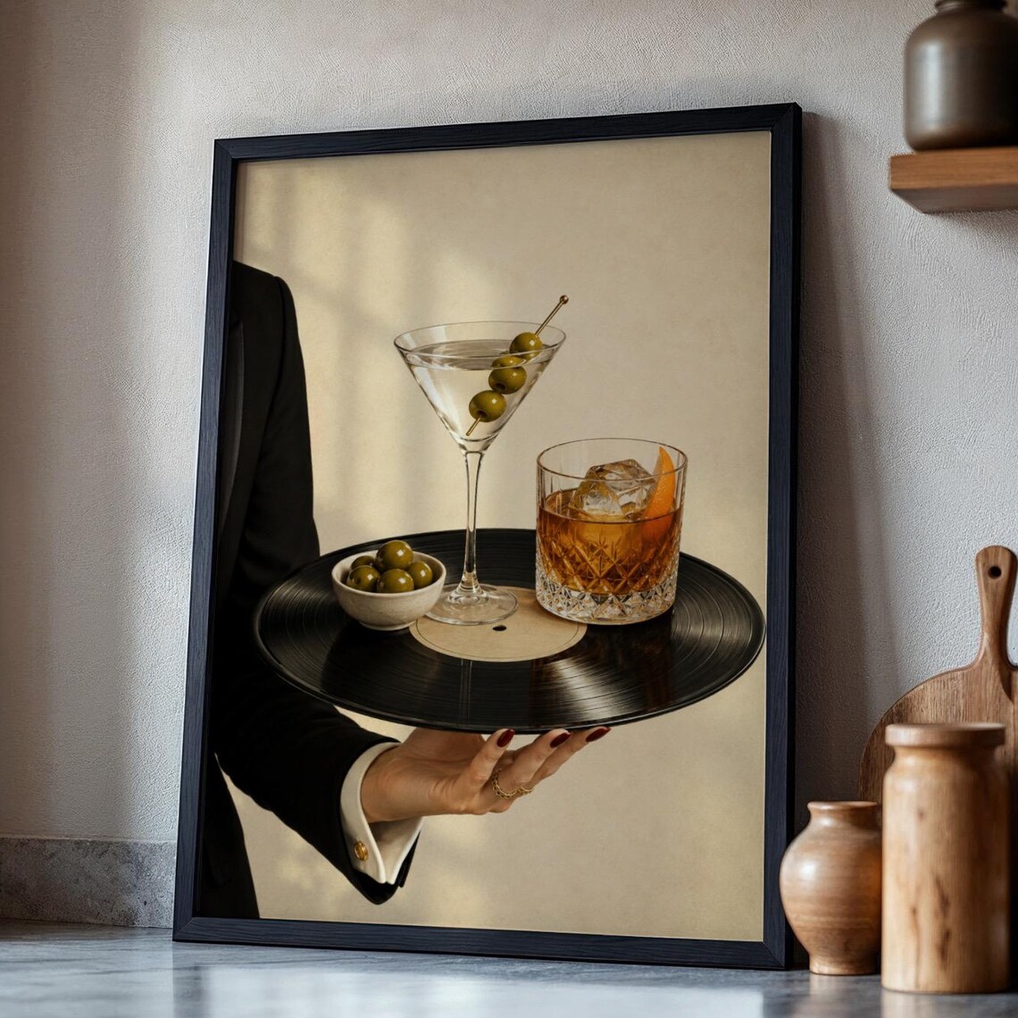 Vinyl Martini Duo Art Print, Moody Bar Wall Art